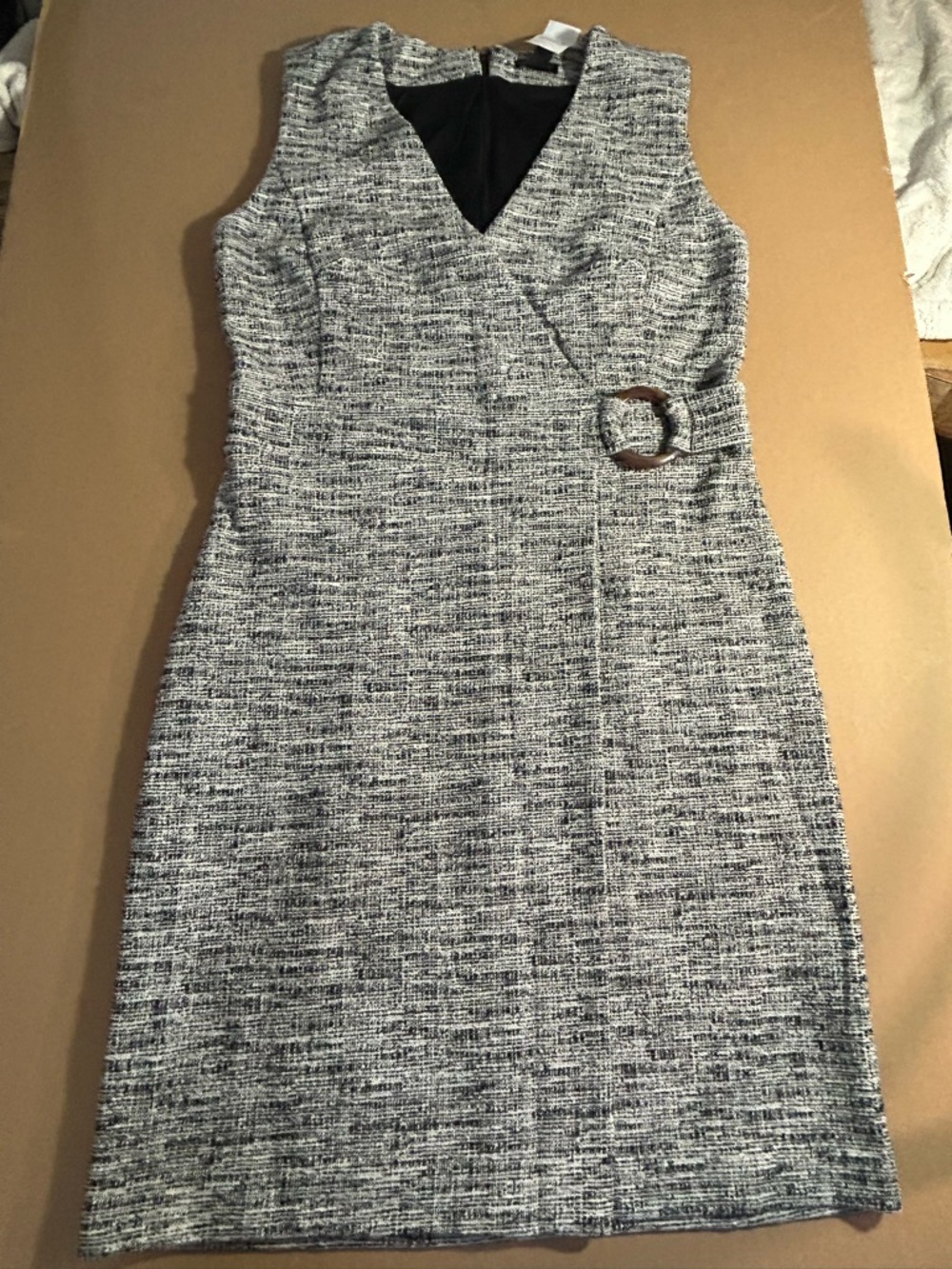 Ann Taylor Black and Gray Tweed Wrap-Style Midi Dress with Buckle